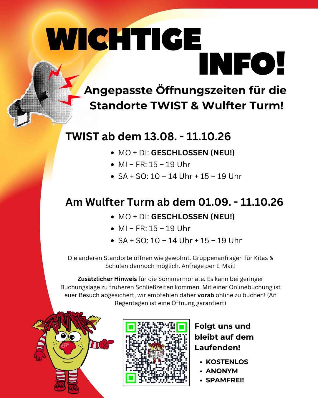 Geänderte Öffnungszeiten TWIST + Wulfter Turm